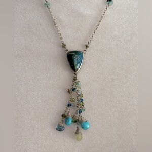 Chrysocolla gemstone pendant with dangling beads and stones, sterling silver 925